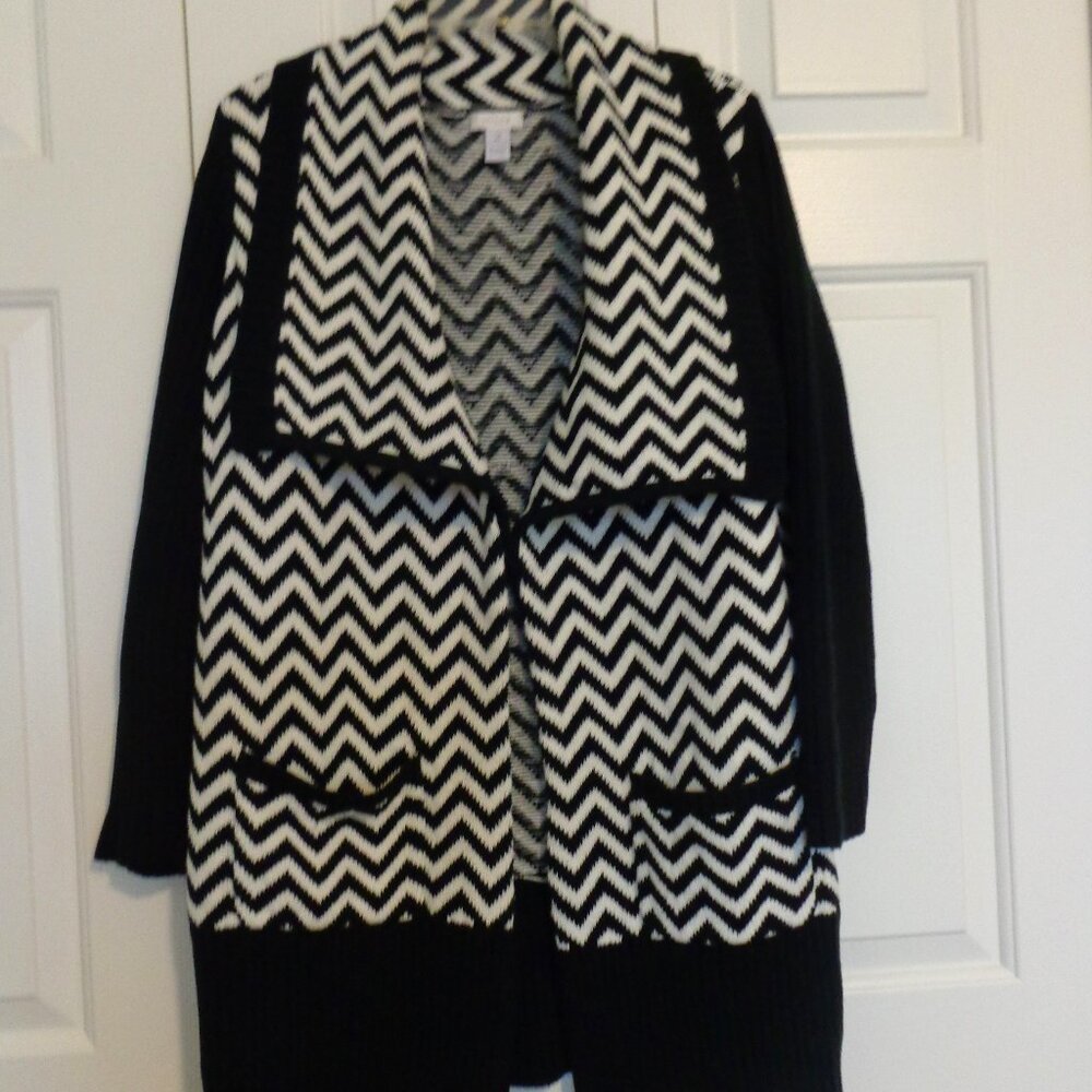 CHICO'S Open Front Cardigan Black White Chevron Pockets Cotton Sweater Sz 2 (M)